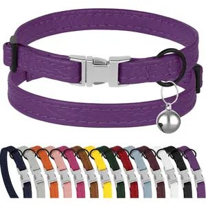 Leather Cat Collar with Buckle and Removable Bell - Non Breakaway Adjustable Soft Safety Small Pet Collars for Girl Boy Cats Kitten (Purple)