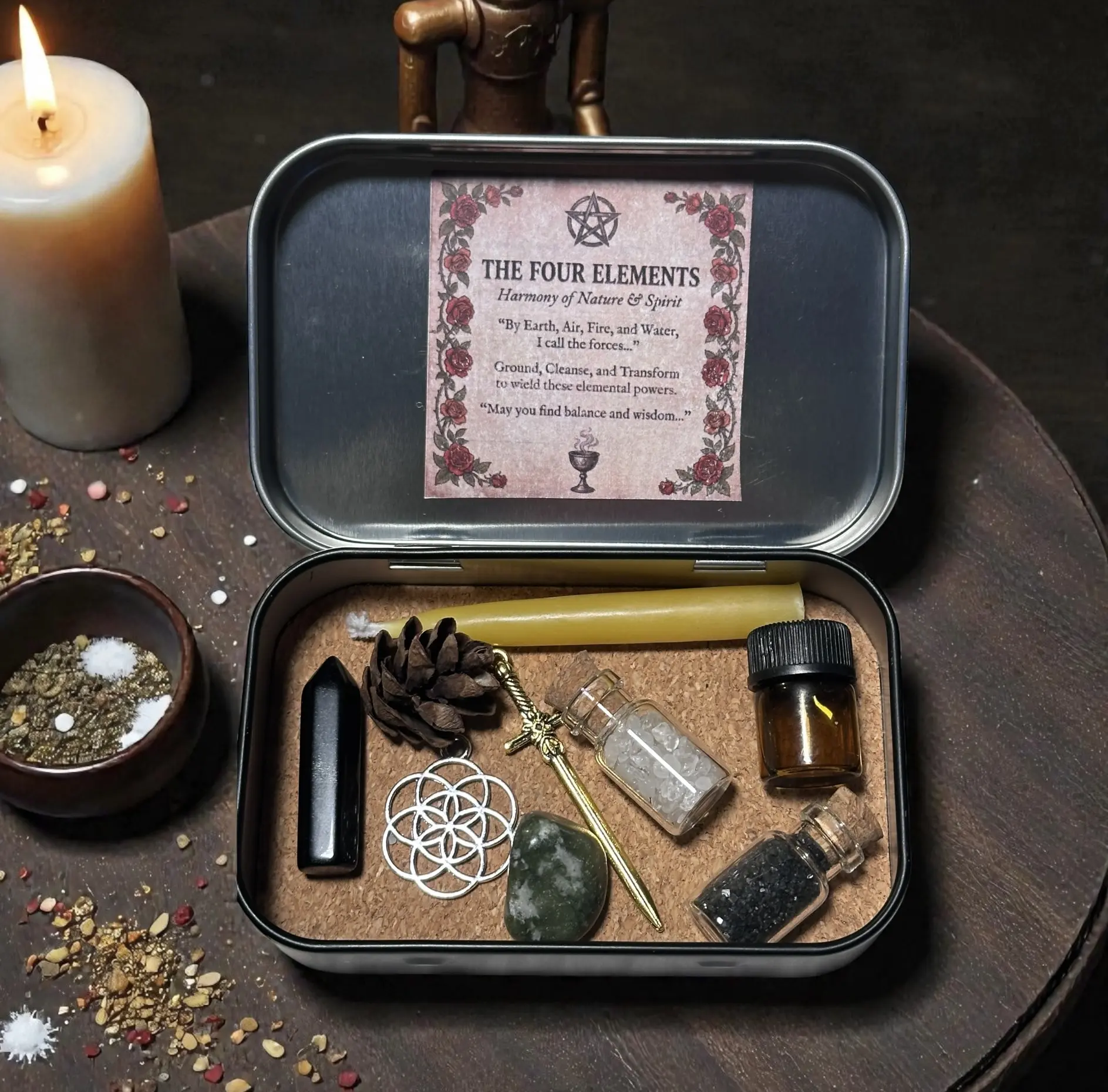 Handcrafted Metal Altar Tin with Earth-Fire Elements - Nature-Infused Spiritual Kit, Altar Supplies, Religious Collectibles for Small Sacred Spaces, Meditation Grounding Tool, Home Decor Gift, Candle Holder