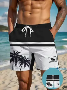 Men's Printed Vacation Coconut Tree Summer Beach Pants, Adjustable Drawstring Waist, Suitable for Beach & Summer Outings