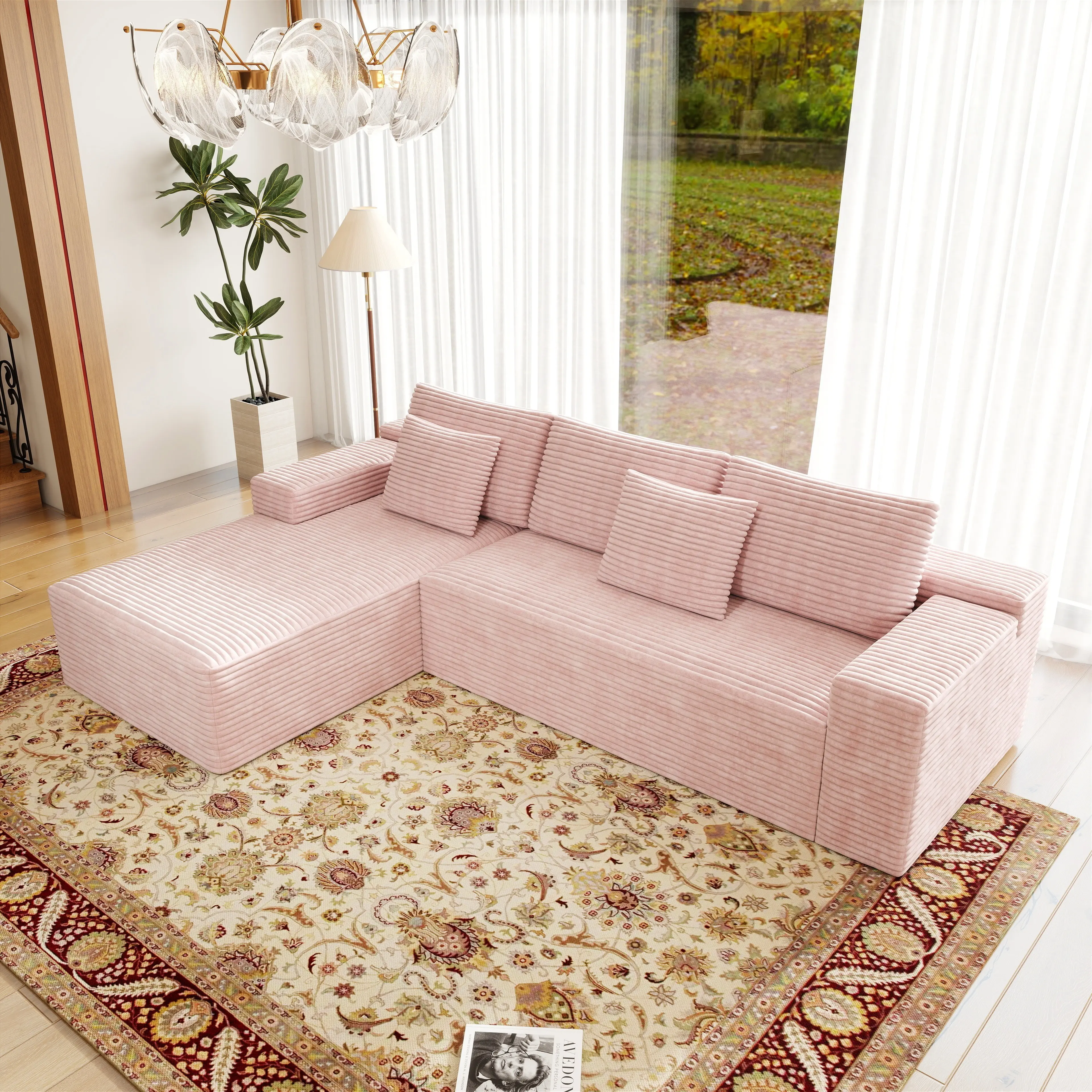 Pink(plush Corduroy Fabric)-Left Facing Chaise