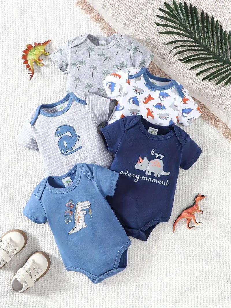 5-piece set of baby boy jumpsuit, baby cotton short sleeved dress, and essential clothing items suitable for baby boy's cartoon dinosaur sports style