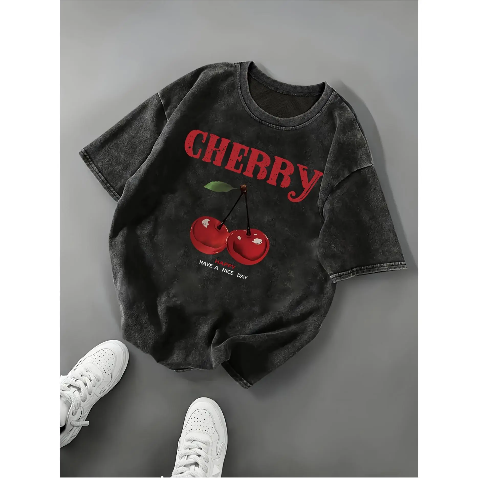 Men's Cherry Graphic T-Shirt, Oversized Vintage Streetwear, Washed Knit Fabric, Classic Short Sleeve Crewneck Top