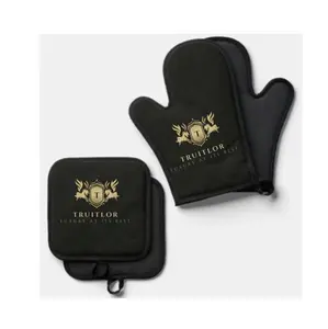Truitlor Luxury Kitchen Mittens - Black Oven Mitt & Pot Holder Set with Gold Crest Design