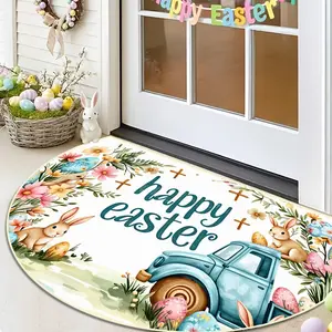 Easter Theme Entrance Door Mat, Rabbit Truck Egg Print Half Round Rug, Spring Holiday Decorative Hallway Carpet, Soft Washable Outdoor Garden Entry Staircase, Visual Appeal
