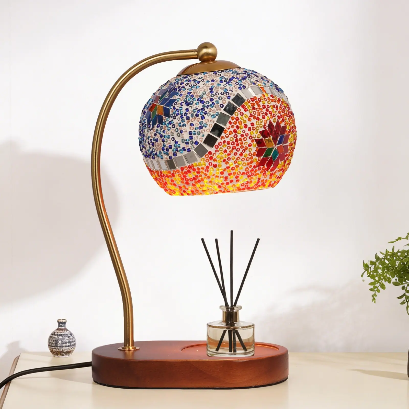 11.81 in Mosaic Glass Wood Table Lamp Candle Warmer, Dimmable Curved Gooseneck Aroma Melter with GU10 Vintage Bulb, 110V for Bedroom Living Room, Room Accessories Home Decor