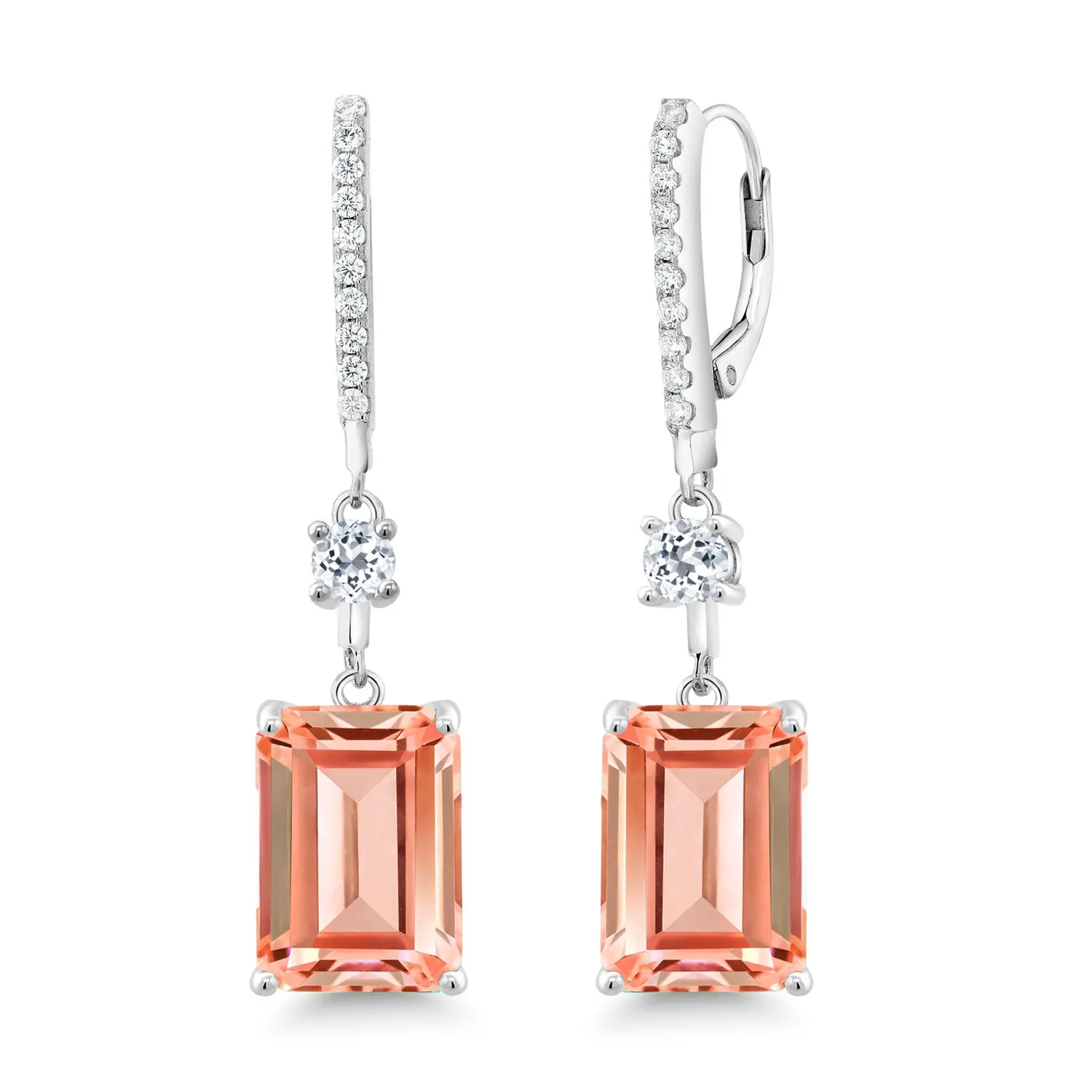Gem Stone King Women's 13.56 Cttw Emerald Cut 14X10MM Peach Nano Morganite & White Topaz Dangling Earrings, 925 Sterling Silver, Cost-Effective Shining Daily Female Earrings, Shining Earrings