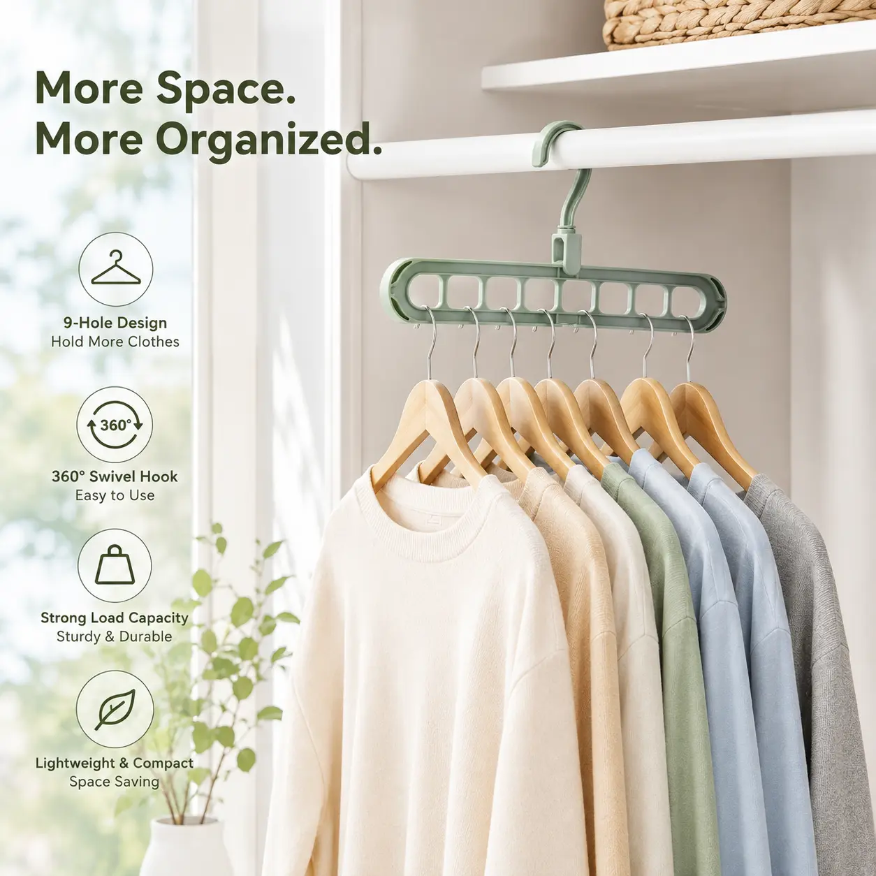 Household 9-Hole Space-Saving Clothes Hanger - 1 Count, 360° Rotatable Hook, Hollow Vent Design, Rounded Edges for Closet Hanging Storage & Organiser Use