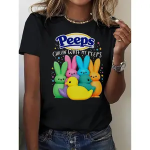 Chilin' with my peeps Easter graphic tee: 100% cotton soft crew neck short sleeve tee with colorful bunny and egg design, casual spring summer clothing, unisex gift for men and women, funny design