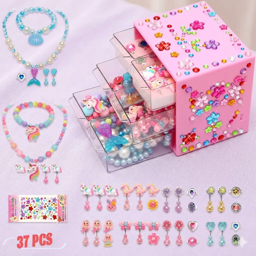 37PCS Child-Friendly Materials Princess Jewelry Kits for Ages 3-9 Young Girls - 16PCS Adjustable Rings, 2 Beaded Necklaces, 2 Matching Bracelets, Clip-On Earrings, Decoration, No Battery Needed Safe Pretend Play Toy, Pink Birthday/Christmas Gift, Plastic,