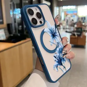 Minimalist Cool Blue Lily Print Magnetic Phone Case With Magnetic Ring Design Exuding A Minimalist and premium functional vibe anti-yellowing slim and fitanti-yellowing for iPhone 16 15 14 13 12 Pro Max Samsung Galaxy S25 24 23 22