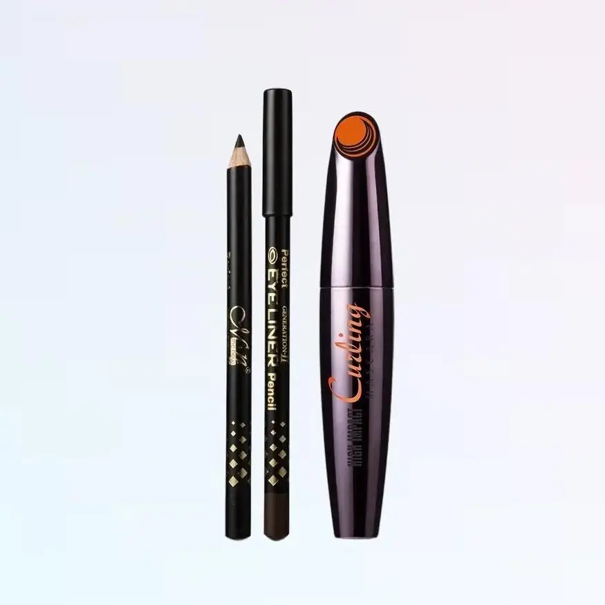 1 fan mascara and 2 eyeliners, 1 set - fasinating volumizing and lengthening eyelash, long-lasting, sweater-proof, remove by hot water
