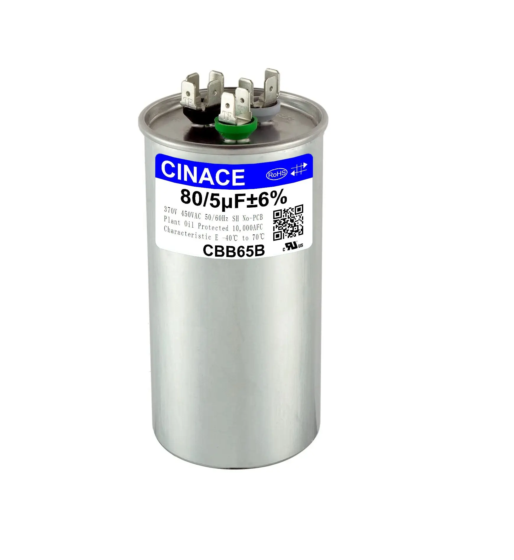 CINACE 80+5μF 80/5 MFD ±6% CBB65B Round Dual Run Circular Start Capacitor, 370/450VAC 50/60Hz, AC Compressor & Fan Motor Capacitor for Air Conditioner, Condenser Straight Cool, Heat Pump, HVAC System, Ice Maker