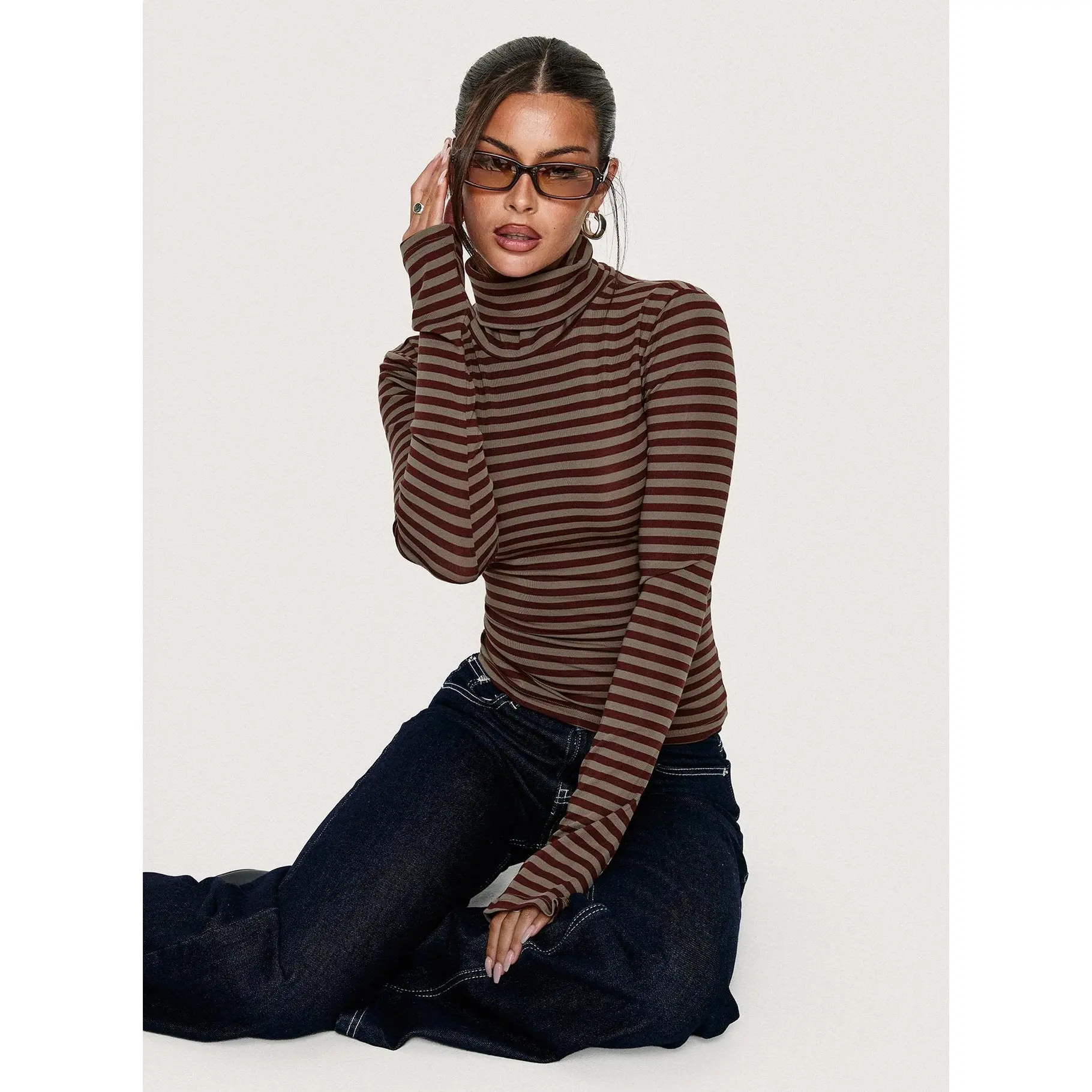 Temika Long Sleeve Backless Top Brown Stripe