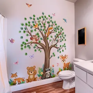 A set of three hand-painted tree and animal wall stickers for bedroom and living room background walls, home decoration stickers, self-adhesive MS6490-ZY