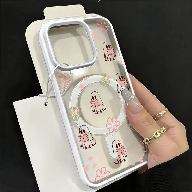 Mood In Case catalog image of a phone case with repeated white ghosts reading pink books and pink flower outlines