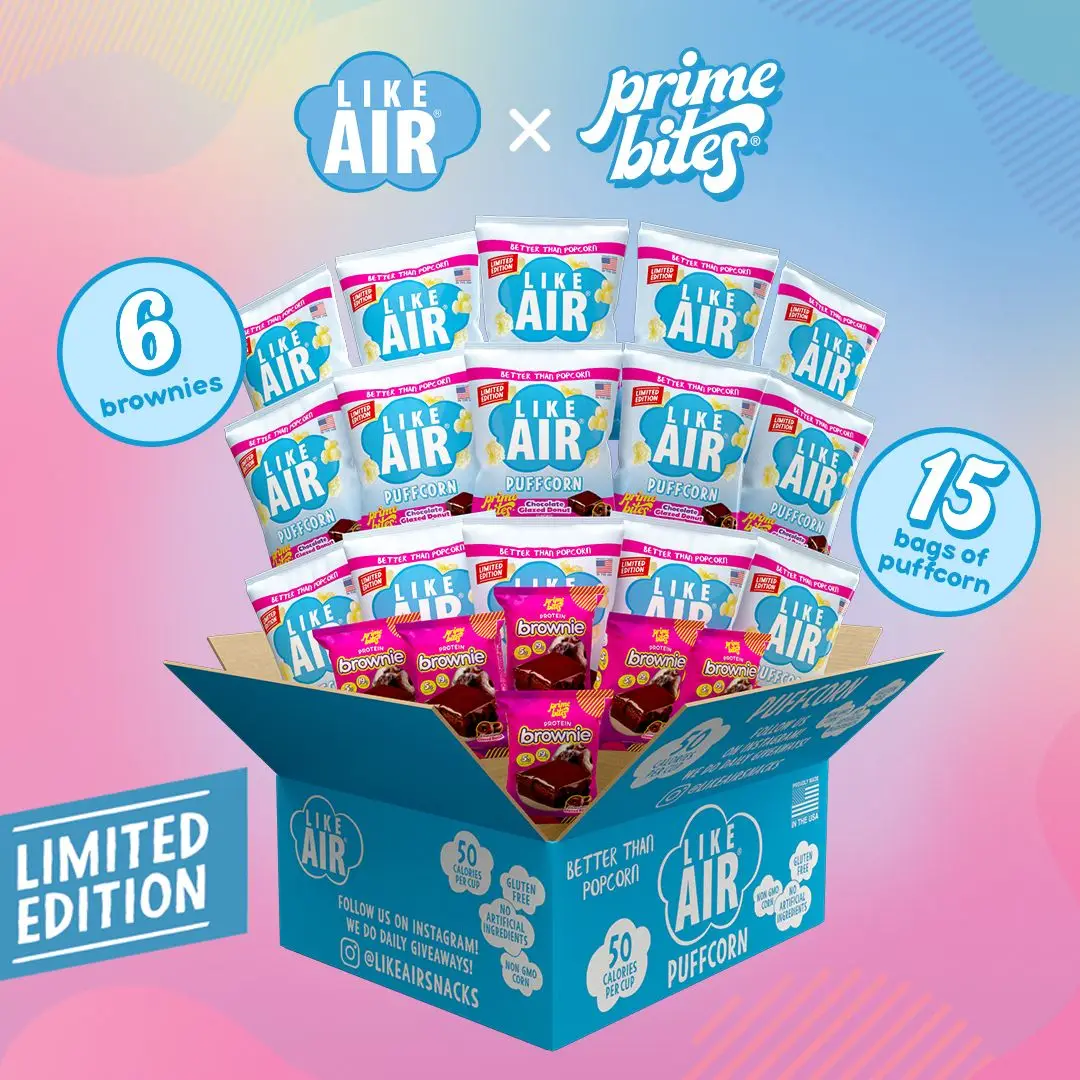 Like Air x Prime Bites Limited Edition Flavor Box - Glazed Chocolate Donut Puffcorn & Protein Brownie Bundle