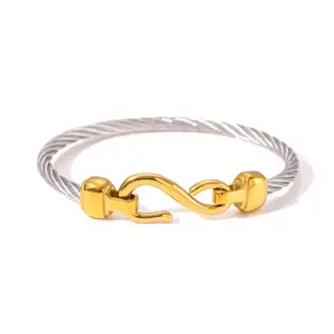 Cuff Bracelet X Bangle Twist with Gold Infinity Charm and Silver Twisted Cable Design
