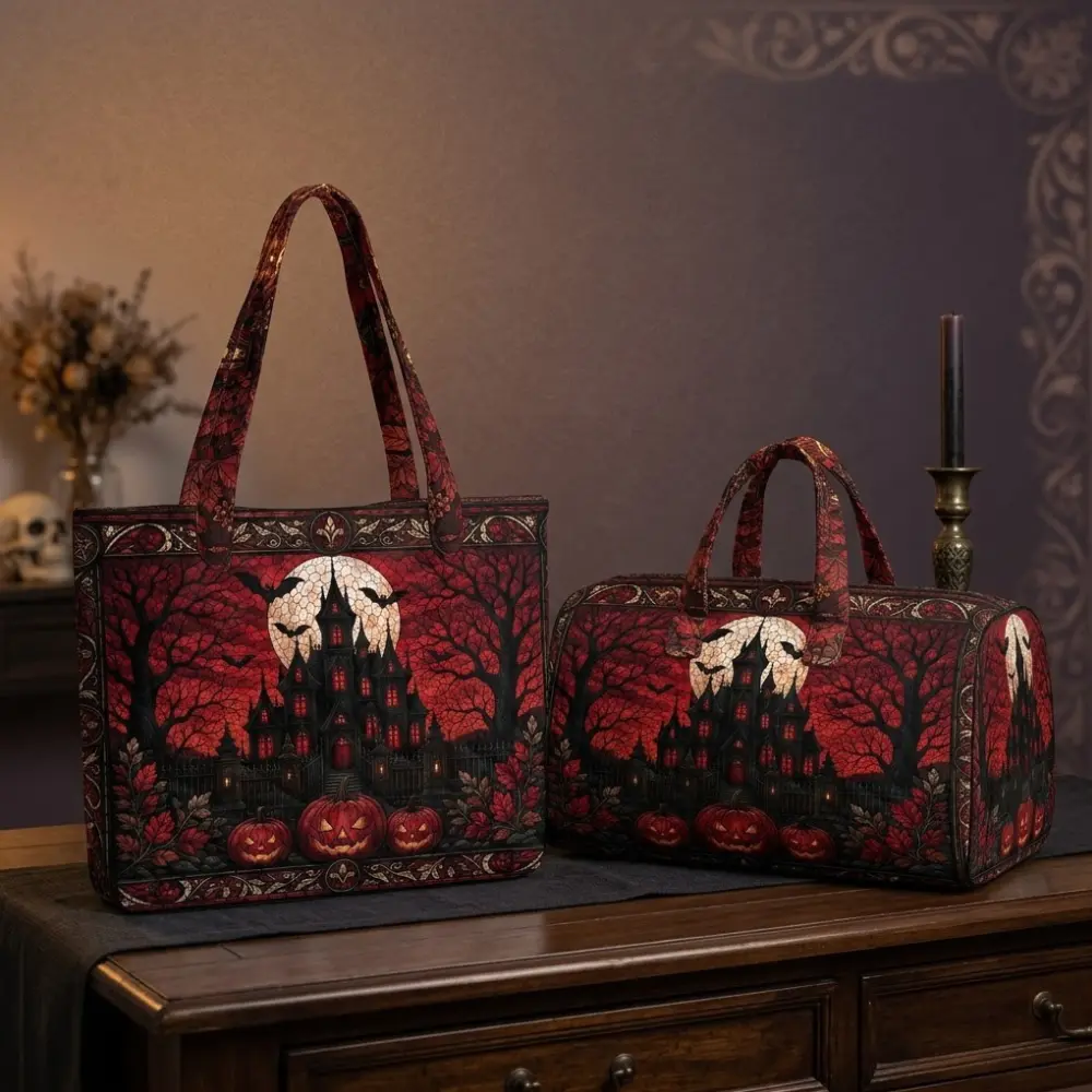 Halloween Tote Bag and Weekender Bag Set, Gothic Haunted Mansion Pumpkin and Full Moon Design, Spooky Gift for Halloween Lovers
