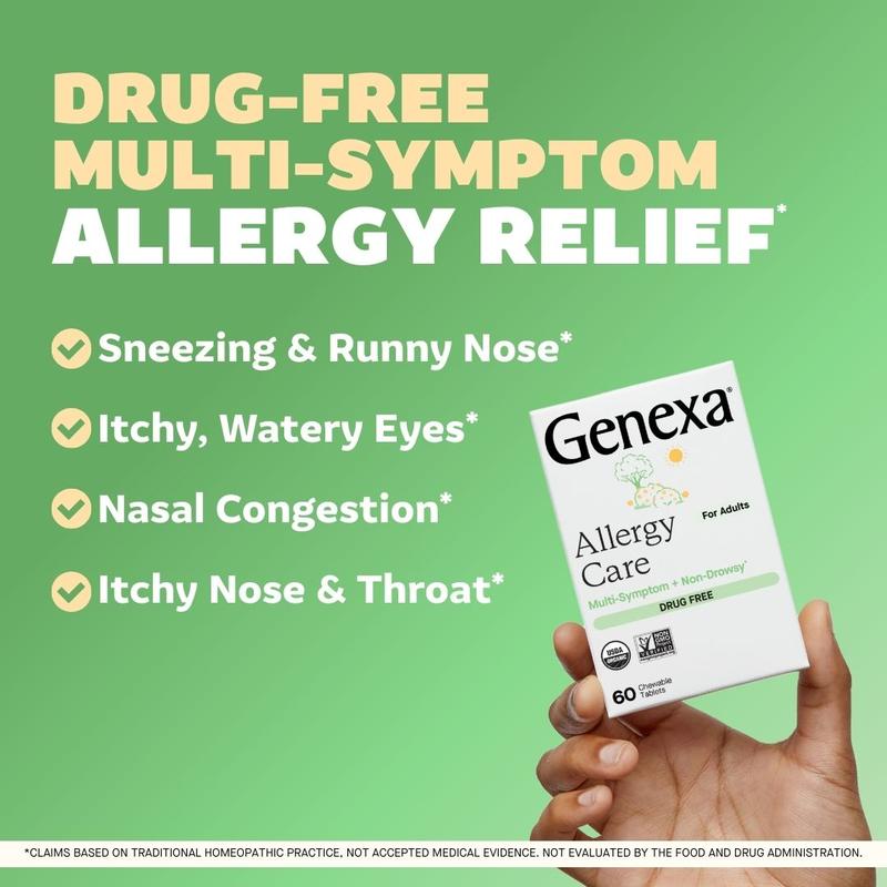 Genexa Allergy Care | Drug Free, Non-Drowsy Allergy & Decongestant Remedy for Adults | Vegan & Non-GMO | Homeopathic Allergy Relief Made Clean | Organic Acai Berry Flavor | Chewable Tablets