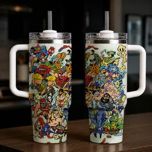 Masters of the Universe He-Man 40oz Handle Tumbler Cup, Eternia Cartoon Character Wrap, Retro 80s Fantasy Warrior Travel Mug Gift