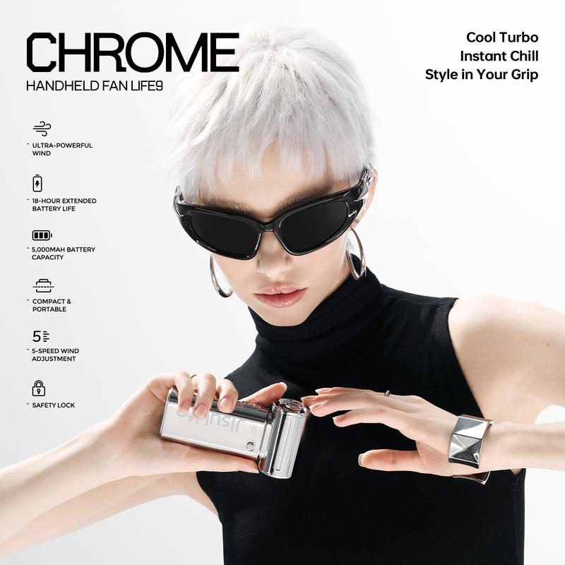 JISULIFE Life9 Chrome Portable Handheld Fan Turbo High Speed Cooling 18H 5000mAh Rechargeable Fashion Mini Fan Stylish Music Festival & Concert Accessory Valentines Day Gifts for Men Women