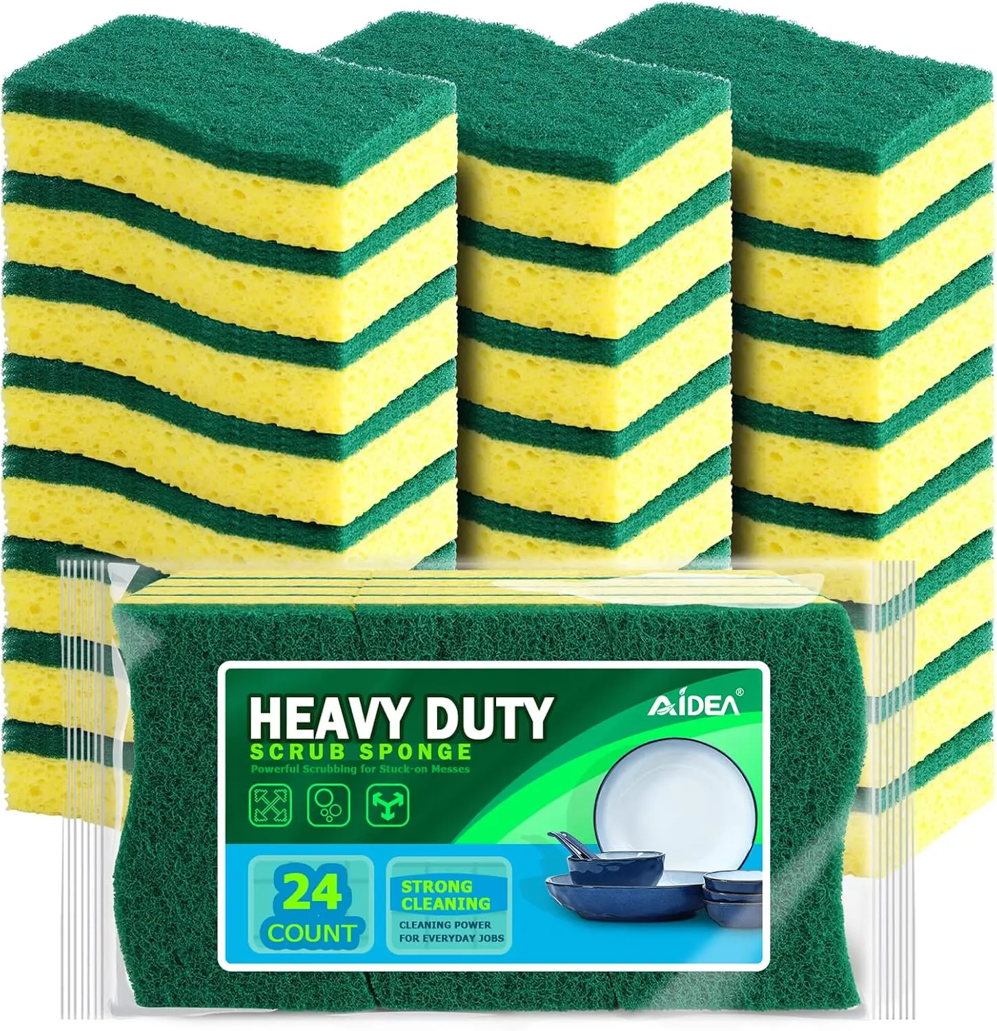 AIDEA Sponges Kitchen, Heavy Duty Scrub Sponge-24Count, Sponges for Dishes | Cellulose Dish Sponge, Scrubbing Power for Tough Messes, Cleaning Sponges for Non-Coated Cookware, Dishes, Pots, Pans