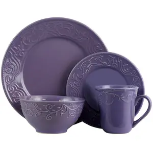 212 MAIN Stylish Traditional Stoneware Cottage Chic 16-Piece Tableware Set - Lavender-Themed Dinnerware with Plates and Bowls, Dishwasher-Safe