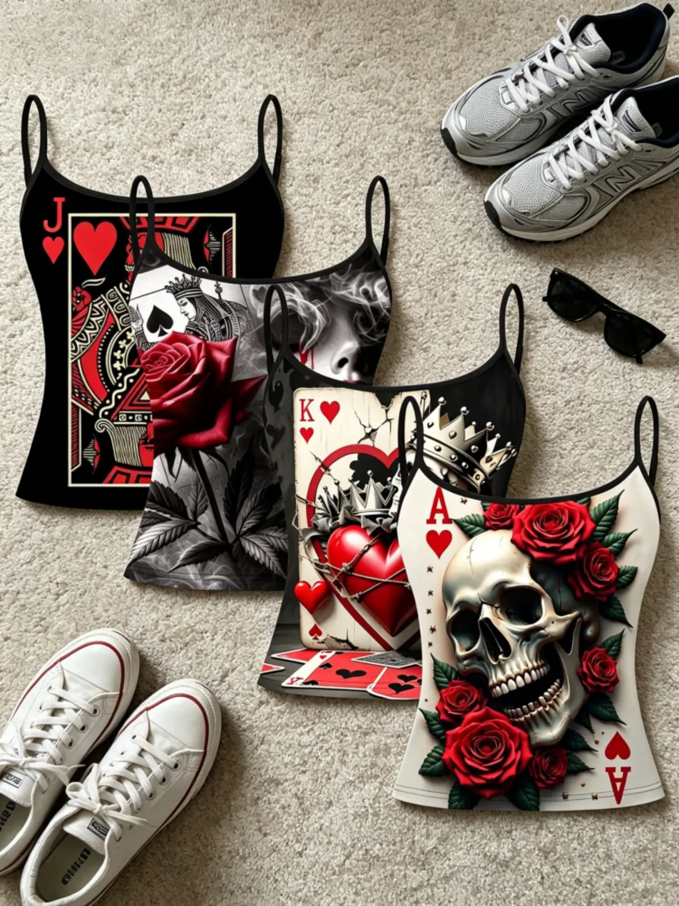 Gothic Style Skull Rose Print Sleeveless Strappy Top, Slim-Fitting Casual Wear, Four-Piece Set, Trendy and Fashionable Design, Fashion Tank Top