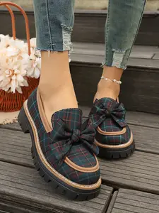 Vintage Plaid Bow Loafers, Tartan Loafers, Thick Sole Slip-On Shoes, College Style Casual Women's Footwear, Comfortable and Stylish Design