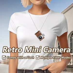 Retro Mini Camera；Comes with camera, manual, charging cable, lanyard and TF card.Thumb-sized, wearable and great for bag decoration.Supports filter switching, flash light and video recording.Features 0.96-inch IPS screen, lovely compact design.