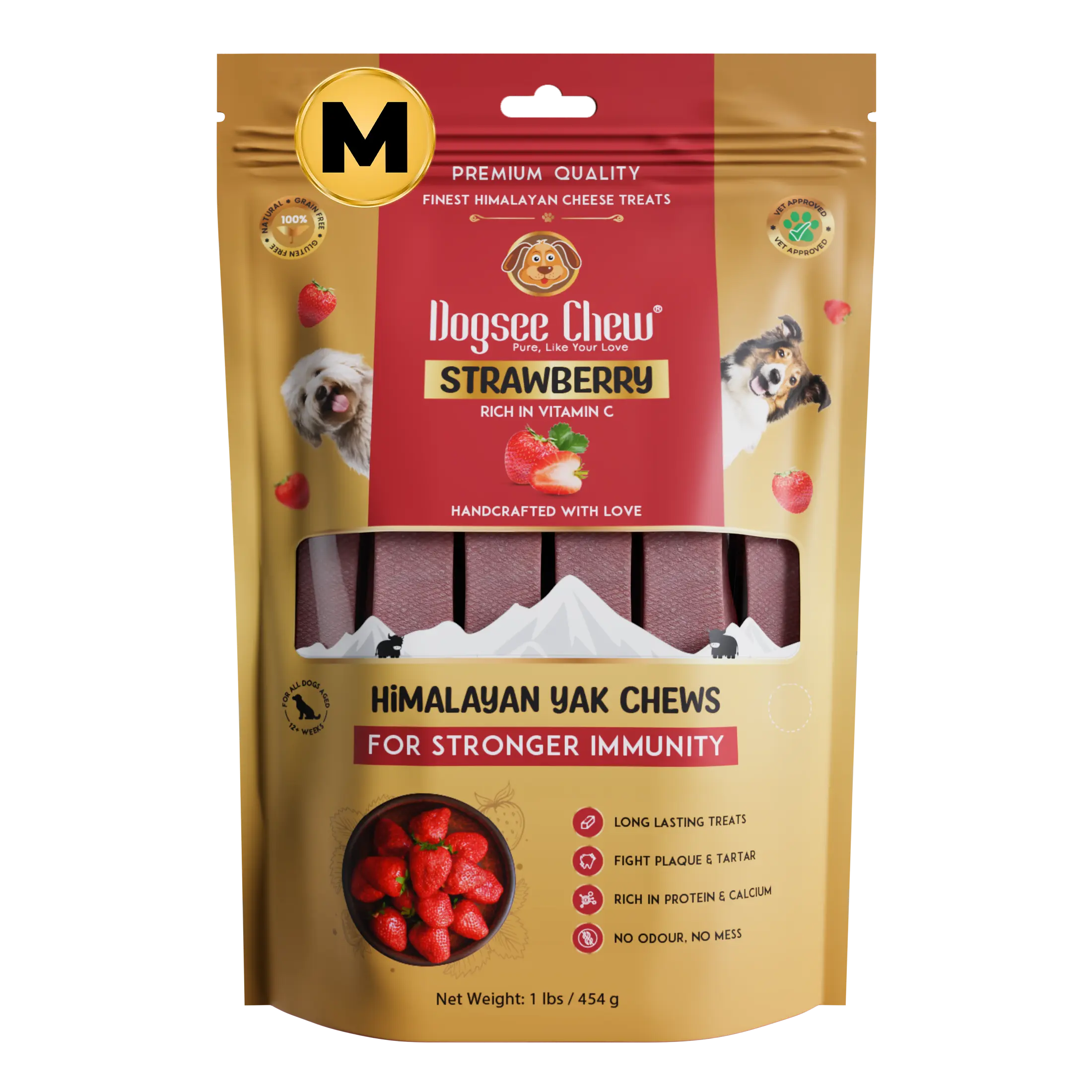 Dogsee Strawberry Flavor Himalayan Yak Cheese Dental Chews for Dogs 1lb (Medium - 6 Chews) | for Healthy Skin & Coat | No Grain, No Gluten | Odorless Dog Treats…