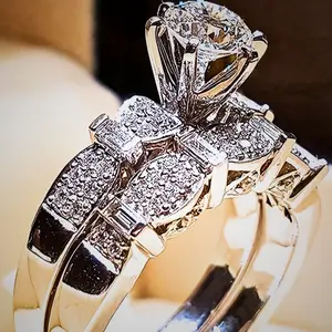 Luxury Round Cut CZ Ring Set for Women | 2PCS Wedding Band & Engagement Ring Jewelry
