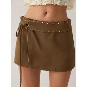 Cider Cotton Belted Metal Detail Tie Side A-line Mini Skirt