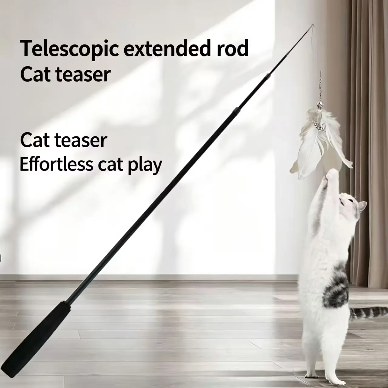 Cat Teaser Wand, Telescopic Cat Wand, Retractable Cat Wand, Long Cat Wand, 180cm Extra Long Retractable Cat Toy with 6 Feather Replacements for Indoor Cats Interactive Play