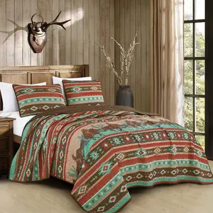Southwestern Quilt Set 3 Piece, Rustic Ranch Reversible Bedspread with Aztec Tribal Pattern – Queen, King, Cal King