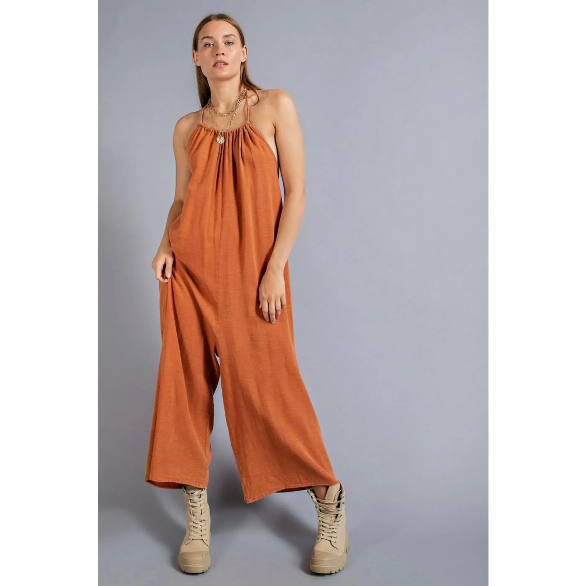 Sophia Wide Leg Washed Linen Jumpsuit in Brick