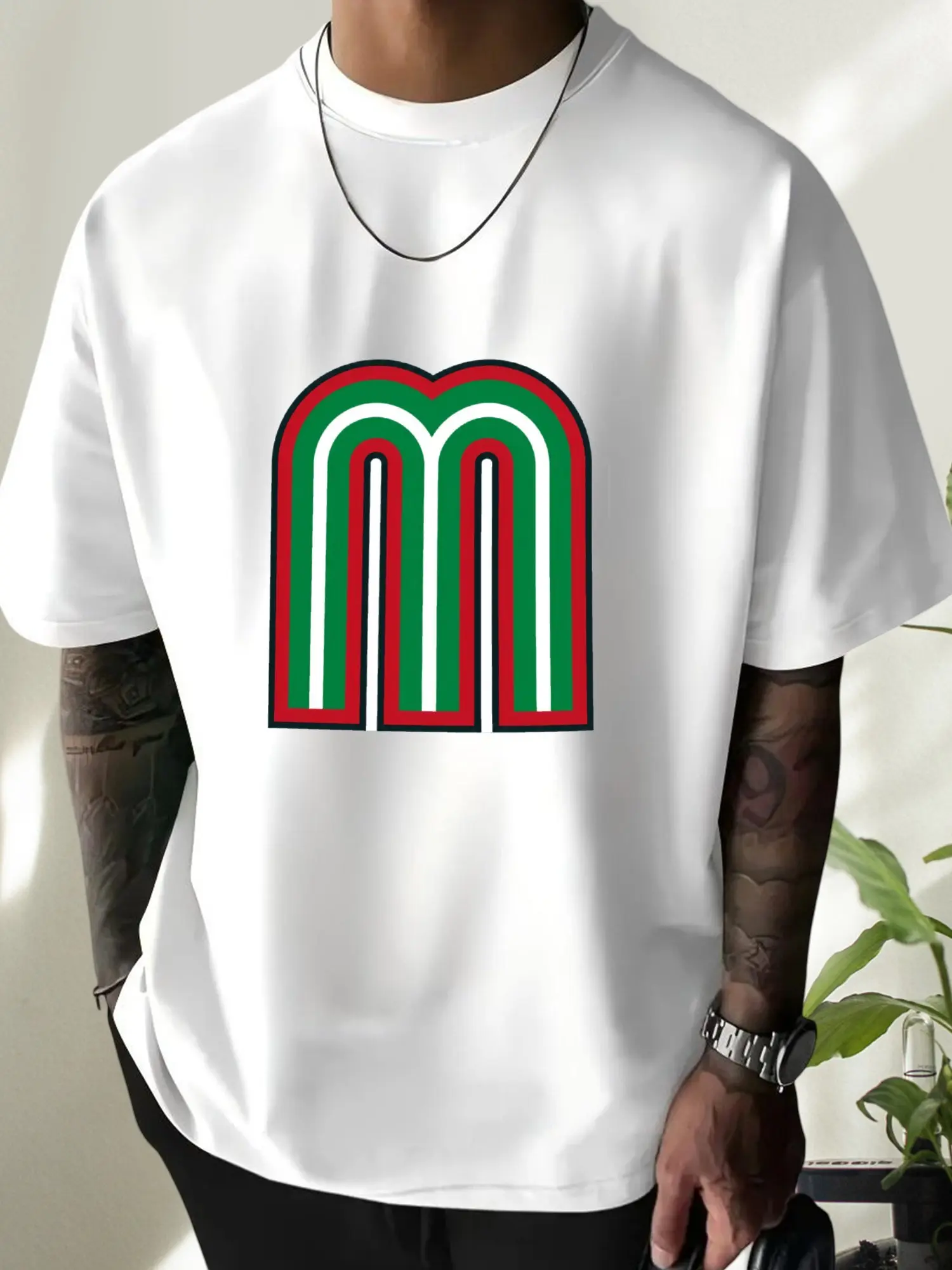 Men's Mexican M Logo Graphic Short-Sleeve T-Shirt - 100% Cotton Classic Streetwear Casual Crew Neck, Latino Pride Black White Cargo-Inspired Tee, Menswear, Round Neck, Simple