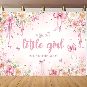 1pc 2D Flat Sweet Little Girl Pink Floral & Bow Design Polyester Backdrop - "/"/" - Ideal for Youngsters Shower, Cake Table Decorations, Birthday Party Banner, Welcome Party Decor|Pink Theme Decor|Floral Pa