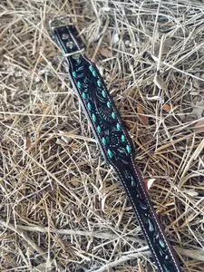 Tooled Dog Collar-Neutral and Turq Tooled