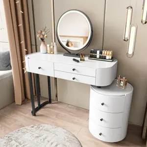 Bellemave LED Vanity Dresser - Modern Minimalist Lighted Vanity Makeup Table with MDF+Metal Build, 3-Light, Detachable Round Mirror, Rotatable Side Cabinet, Adjustable Size, Easy Assembly