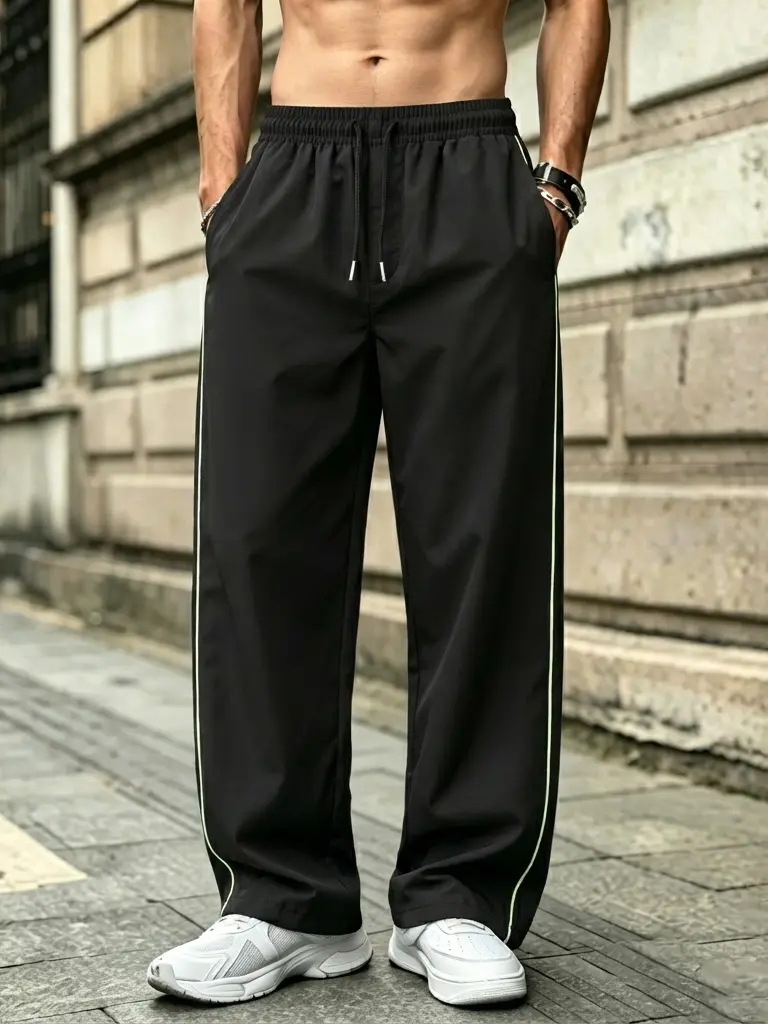 Summer lightweight men’s wide straight athletic pants featuring a drawstring elastic waistband, side stripe design, and relaxed fit—casual athletic pants suitable for gym workouts, running, and sportswear wear.