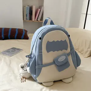 Popular Cute Shark Bag with Flying Rabbit Pendant, High-quality Nylon Material in Three Colors (black, Blue, and Gray), Fresh, Sweet, Contrasting Color Splicing Cute Shark Bag, Women's Casual Lightweight Backpack