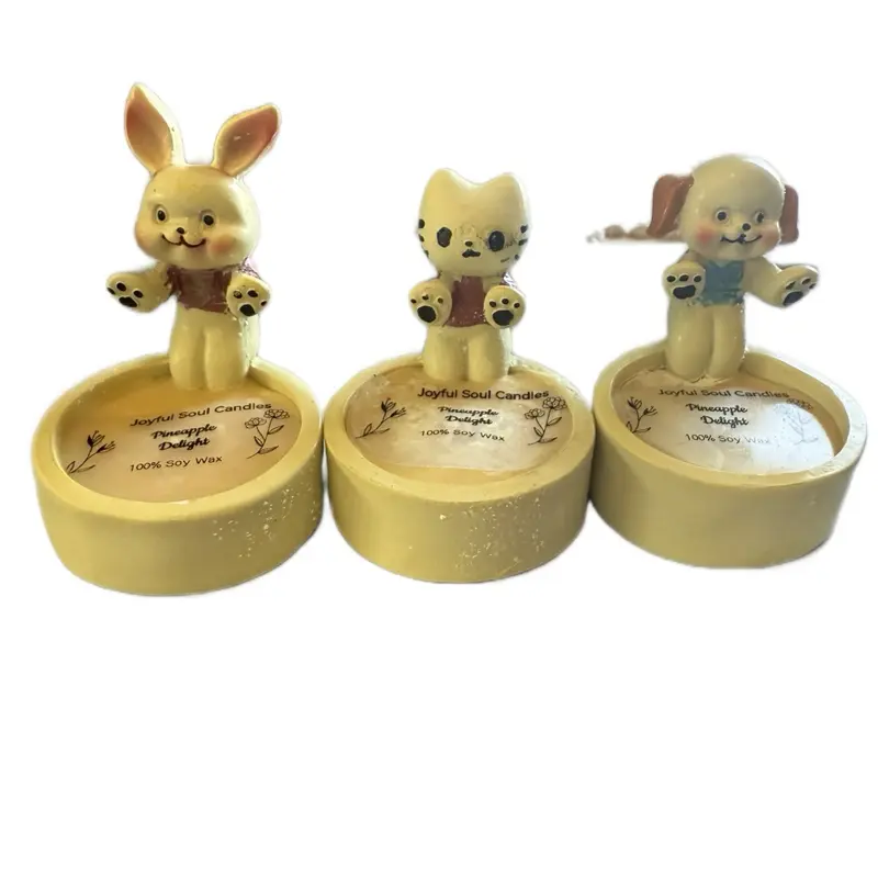 Joyful Soul Candles Adorable Set Of 3 Ceramic Kitten Puppy Bunny Pineapple Delight Soy Candles with Charming Paws Design for Cozy Home Decor and Perfect Gift