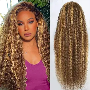 28inch Highlight Ombre Lace Front Wig Human Hair 13x4 HD Honey Blonde 4/27 Deep Wave Lace Frontal Wigs Glueless Wigs Human Hair Pre Plucked with Baby Hair 180% Density