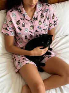 Nostalgic Dragon Cat Cartoon Pajama Set, Vintage Button Front Two-Piece Pajamas, Soft Comfortable Sleepwear for Women