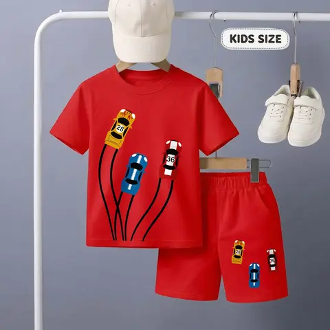 Children's Car Print Short-Sleeve T-Shirt And Shorts Set—Casual Summer Kids' Clothing. This Round-Neck Outfit Combination Is Perfect For Everyday Wear And Outdoor Play.
