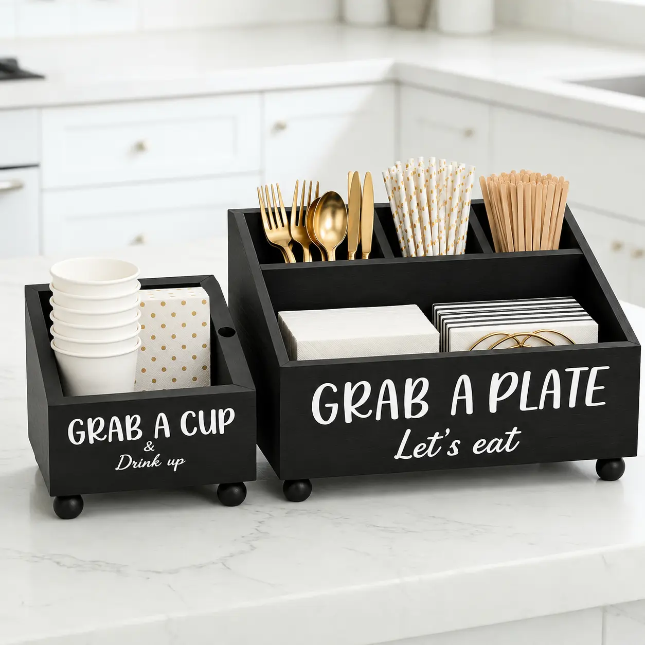 Classic Rectangle Decorative 2-Pack Wooden Utensil Caddy Set, Kitchen Countertop Storage Box with Compartments for Plates, Cups, Forks, Knives, Spoons, Napkins, Disposable Item Organizer for Home Kitchen Use