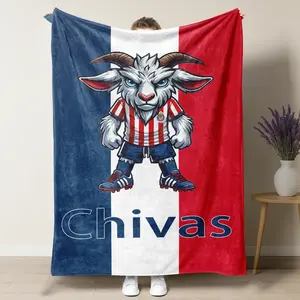 Chivas Goat Mascot Football Flannel Blanket, Bold Cartoon Goat Throw with Red White Blue Stripe Artwork, Soft Warm Bed Couch Sofa Blanket for Sports Room Decor, Game Day Home Office Gift for Football Fans