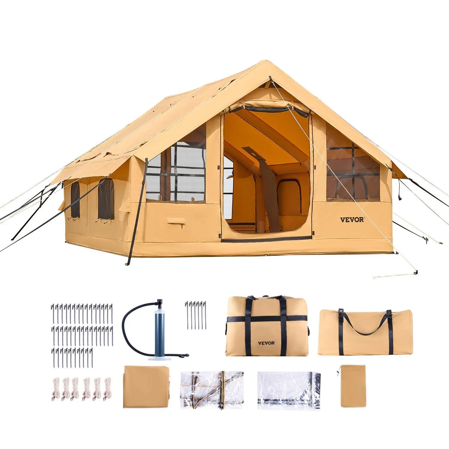 【SummerFinds】VEVOR Inflatable Tents for Camping,  5-8 Person Easy Setup Blow up Tent with Hand Pump, Luxury Glamping Tent with 2 Skylights, Canopy, Stove Jack 2 Doors & Mesh Windows (Storage Bag Included)