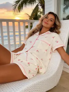 Women's Short Sleeve Shorts Cardigan Pajama Set, Almond Color Full Floral Print, Comfortable Breathable Sweet Style Home Wear